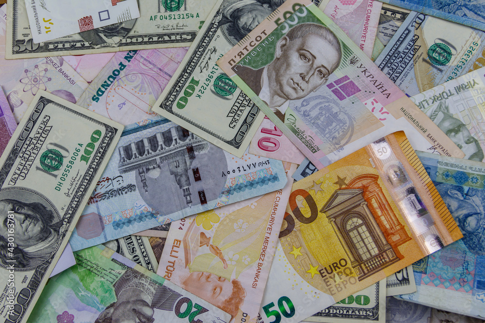 Multicurrency background of US dollars, euros, Turkish liras, Egyptian pounds and Ukrainian hryvnias Multicurrency background of US dollars, euros, Turkish liras, Egyptian pounds and Ukrainian hryvnias