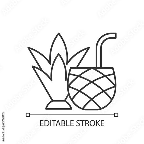 Pina colada linear icon. Mixed alcoholic drink, cocktail. Tropical taste. Alcohol content. Thin line customizable illustration. Contour symbol. Vector isolated outline drawing. Editable stroke