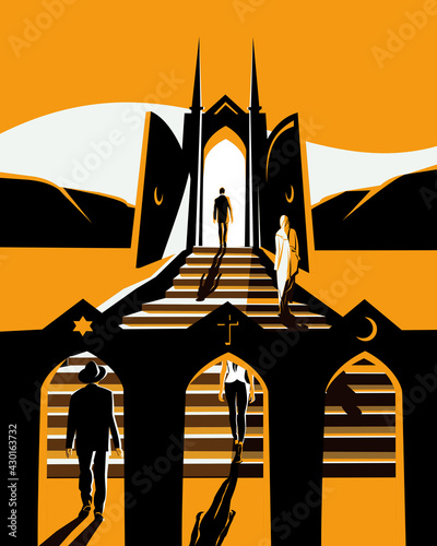 Men and women of different faiths climb the stairs to the gate. Vector illustration