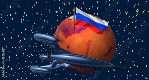 3d rendering blue rocket and Mars with the Russian flag photo