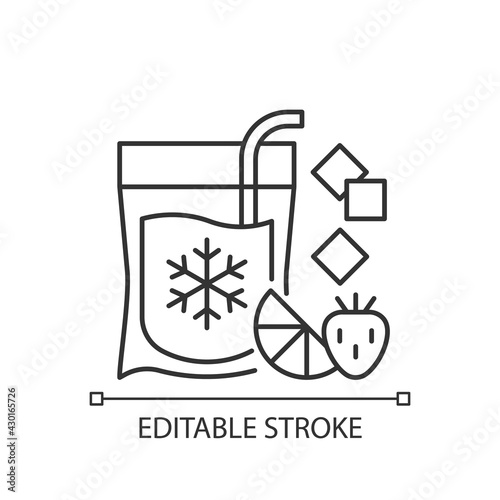 Slushy drinks to go linear icon. Frozen carbonated beverage. Blended drinks with ice and fruits. Thin line customizable illustration. Contour symbol. Vector isolated outline drawing. Editable stroke