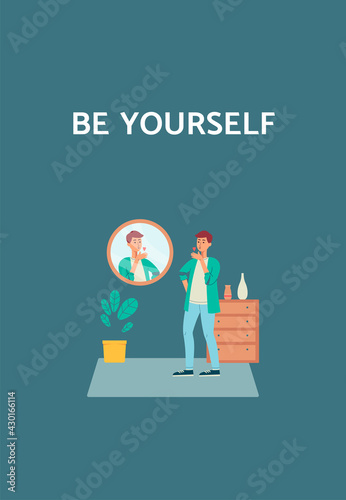 Poster on self-acceptance with motivational slogan, flat vector illustration.