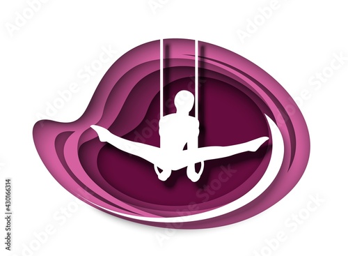 Artistics gymnastics. Male gymnast athlete sportsman silhouette doing exercises on rings, vector paper cut illustration.