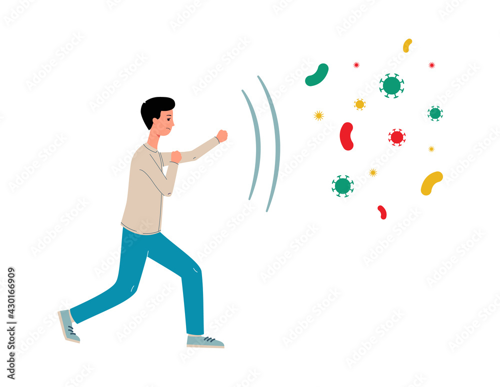 Young man reflecting viruses and germs, flat vector illustration isolated. Young man reflecting viruses and germs, flat vector illustration isolated.