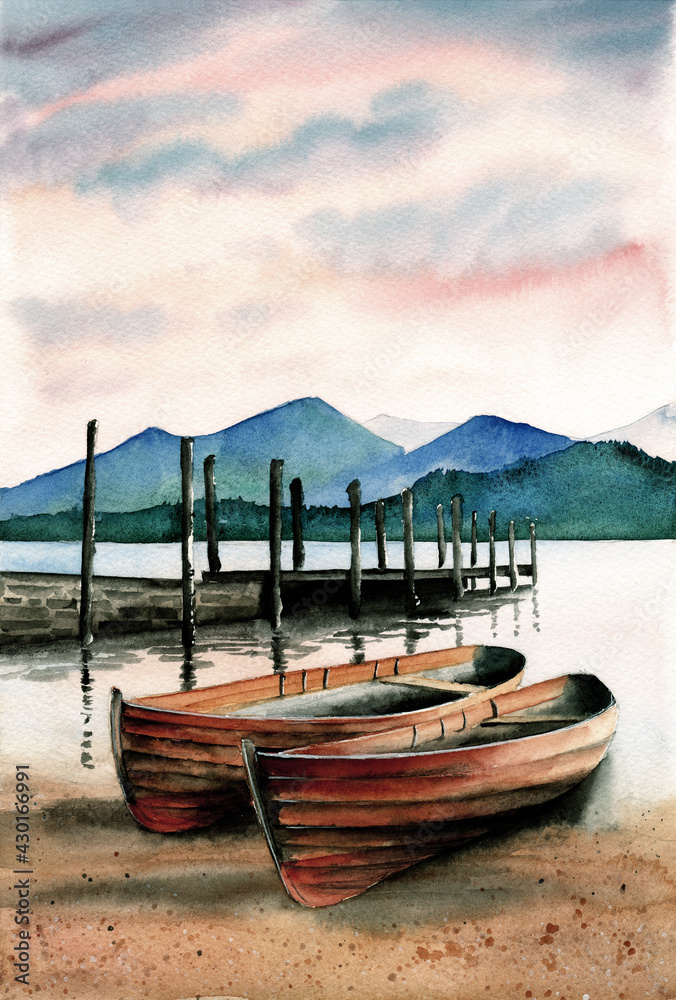 Watercolor illustration of two wooden fishing boats near a pier on the lake with distant mountains on the horizon