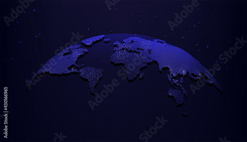 View earth from space drawing vector illustration. Night blue futuristic background with planet Earth and night lights. 