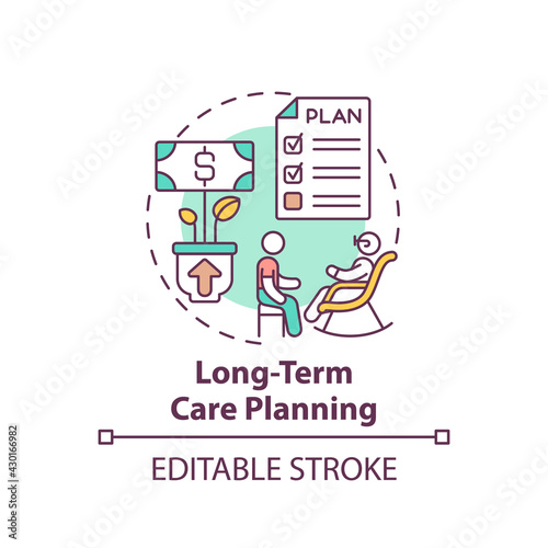 Long-term care planning concept icon. Wealth management idea thin line illustration. Meeting health, personal care needs. Nursing homes. Vector isolated outline RGB color drawing. Editable stroke