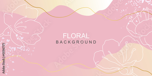 Minimal abstract modern background with flowers, colored shapes and textures. Pink trendy vector template for cover, invitation, banner, poster, flyer, wedding backgrounds, social media wallpaper 