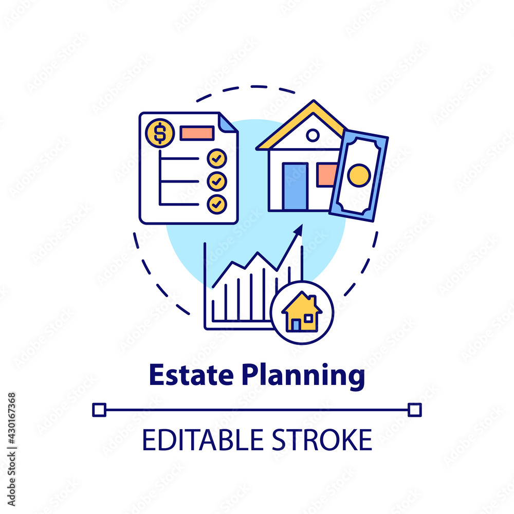 Estate planning concept icon. Wealth advisory idea thin line illustration. Asset base management. Personal property protection, distribution. Vector isolated outline RGB color drawing. Editable stroke Estate planning concept icon. Wealth advisory idea thin line illustration. Asset base management. Personal property protection, distribution. Vector isolated outline RGB color drawing. Editable stroke