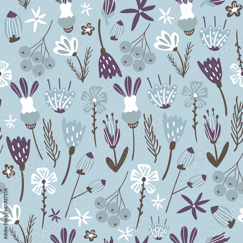 Floral seamless pattern with flowers, branches. Delicate floristic background.Stylish vector texture great for fabric, textile, wrapping, apprel