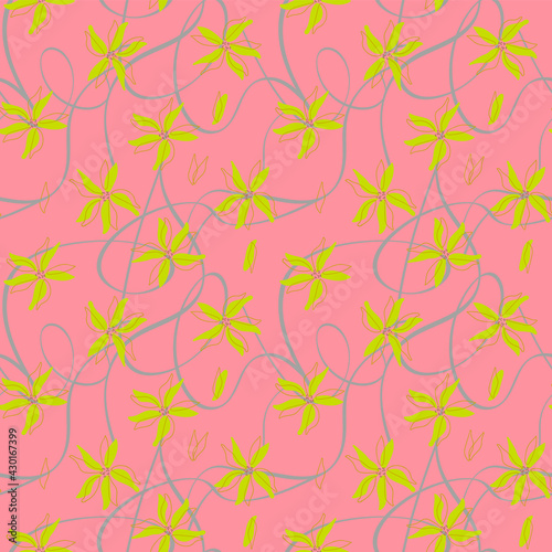 Abstract wildflower seamless pattern. Bright colors floral on pink background. Summer blossom