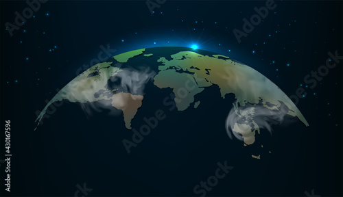 View earth from space drawing vector illustration. Night blue futuristic background with planet Earth and night lights. 