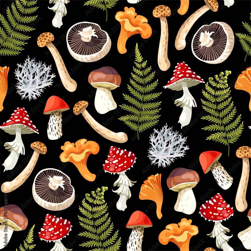 Vector seamless pattern with edible raw mushrooms