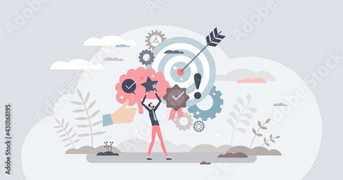 Competence and skill experience for quality performance tiny person concept. Employee knowledge and attitude as professional leader personality vector illustration. Advanced efficiency or productivity