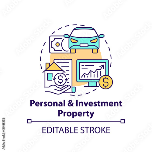 Personal and investment property concept icon. Comprehensive wealth planning element idea thin line illustration. Real estate purchasing. Vector isolated outline RGB color drawing. Editable stroke