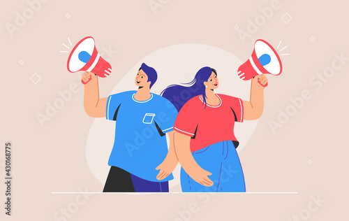 Social media announcement and online marketing loudspeaker banner. Flat line vector illustration of cute couple standing and shouting with red megaphone. Audience announcement and promo alert