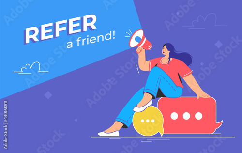 Refer a friend an audience announcement on loudspeaker. Flat line vector illustration of cute woman sitting on speech bubbles and shouting with megaphone to invite new users for social media