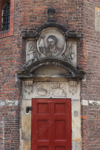 Amsterdam De Waag Building Detail with the Gate of the Saint Barbara Guild, Nieuwmarkt, Red Light District 