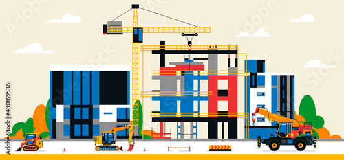 Construction site in the city between city buildings. Building under construction and service equipment. Heavy machinery, commercial vehicles, crane, houses, buildings. Vector illustration.