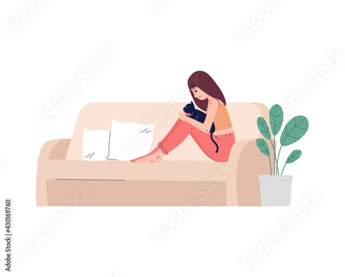 Lonely unhappy woman sitting alone with cat, flat vector illustration isolated.