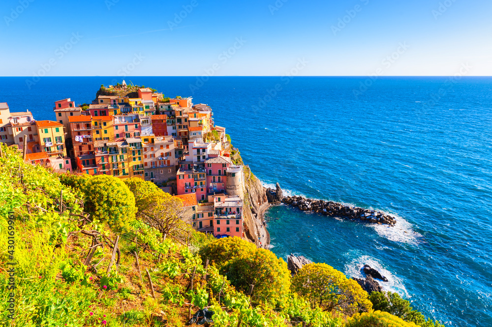 Colorful houses of Manarola town, Cinque Terre national park, Liguria, Italy. Beautiful summer landscape with sea view. Famous travel destination