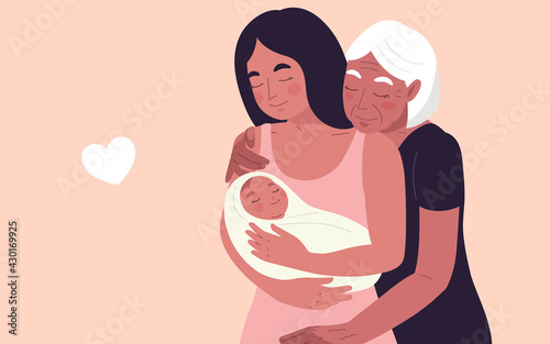 Portrait of family with two women, mother or mom and grandmother or granny, embracing newborn baby. Vector illustration concept women's rights, gender equality, mother's day, baby-shower, generations.