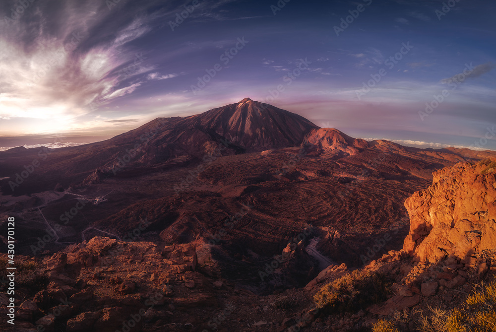 famous volcano of canary islands at sunset