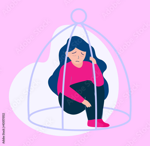 Girl locked inside a cage like a bird. Inequality and restriction of women's ability in society. Women's empowerment. Concept of freedom independence abuse gender violence and mental disorders. Vector