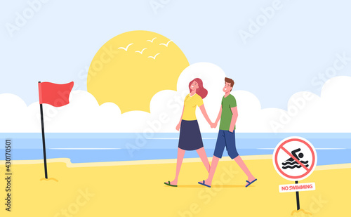Young Couple Holding Hands Walking along Sandy Beach with Red Warning Flag and No Swimming Prohibition Banner at Summer