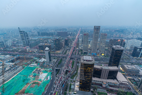 Aerial view of the city skyline of China World Trade Center in Beijing at dusk in a cloudy day
