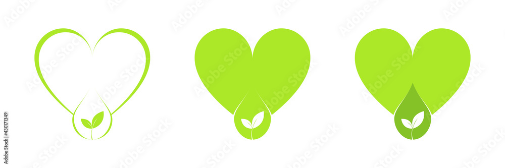 Green leaf and heart of nature energy. Ecology element icons set. Illustration Green leaf and heart of nature energy. Ecology element icons set. Illustration