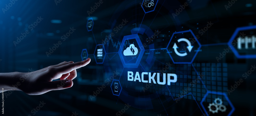 Backup Disaster recovery. Hand pressing button on screen Backup Disaster recovery. Hand pressing button on screen