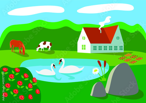 vector image of a landscape with a cow horse swans in a pond