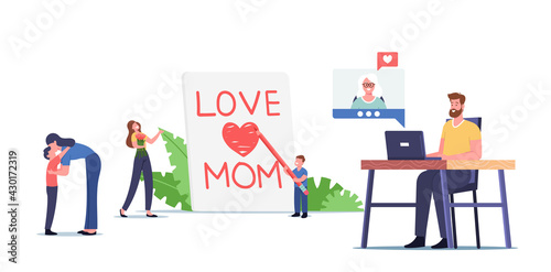 Mother Day Concept. Tiny Child Character Writing Love Mom on Huge Notebook Page  Children and Adults Congratulate Mother