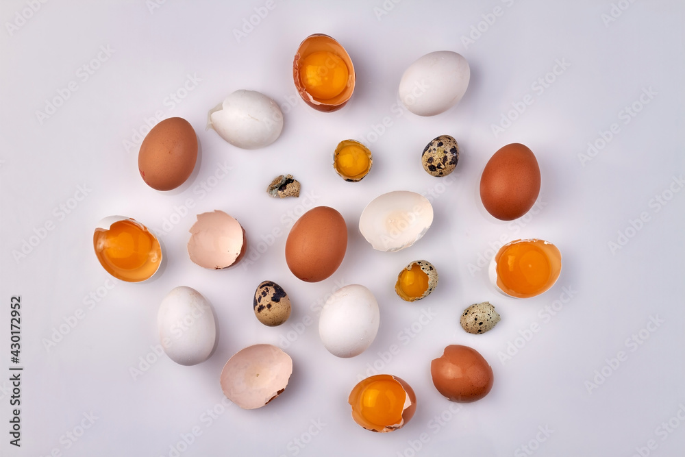 Top view collection of various broken eggs. Top view collection of various broken eggs.