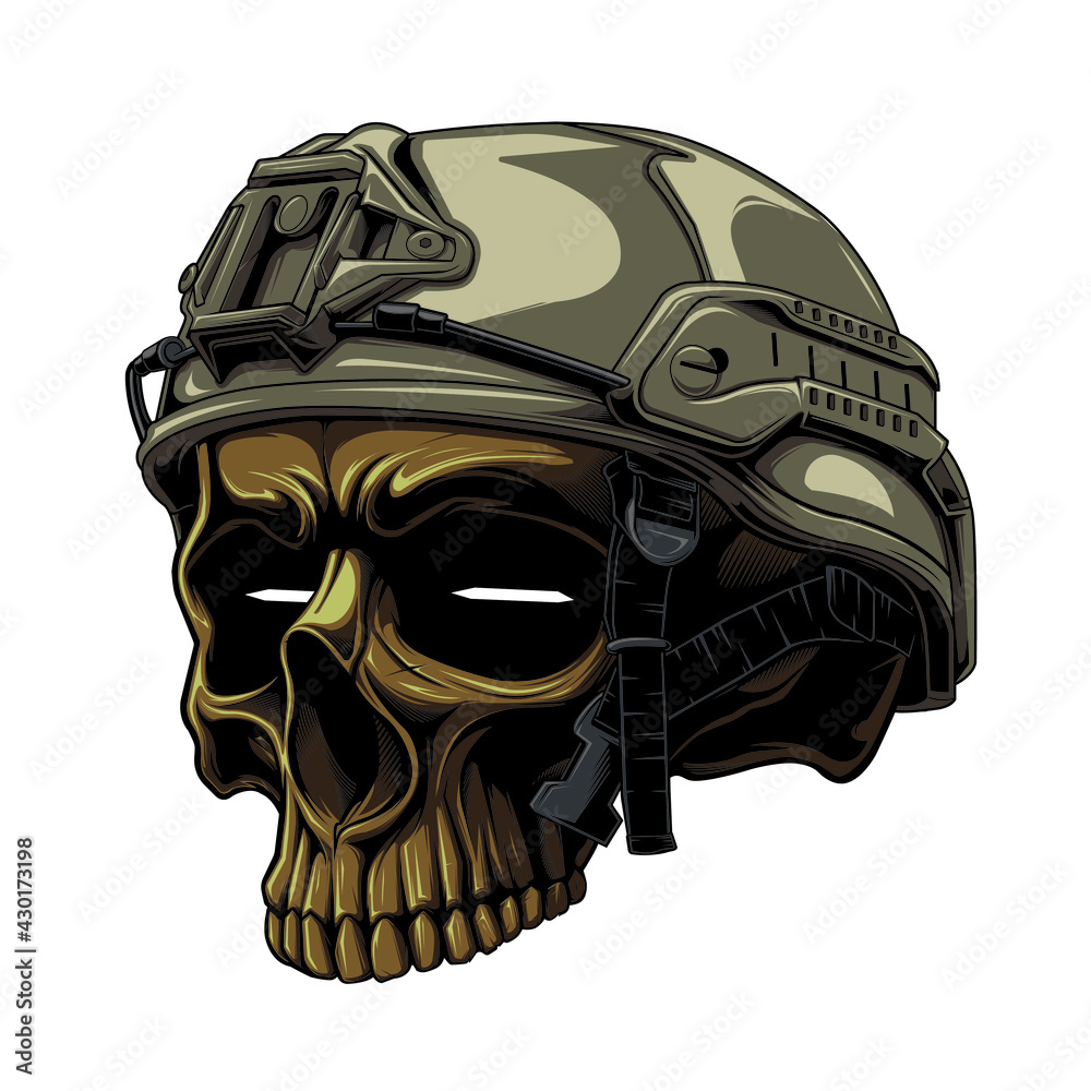 tactical warrior skull and military helmet in white begrouynd