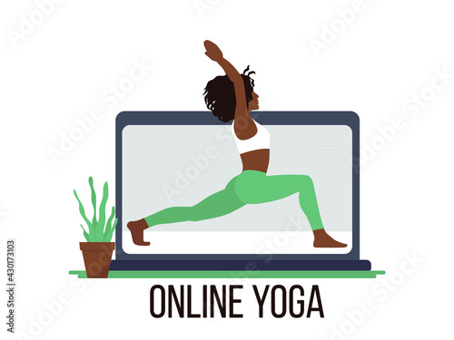 Black woman yoga. Women practicing yoga online classes online. Vector illustration, eps 10