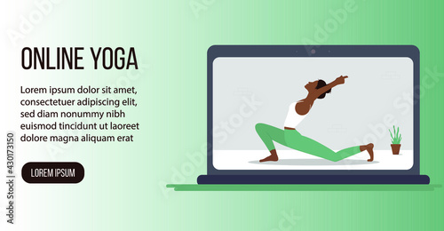 Online yoga classes concept, an African woman teaches yoga online. Banner for online yoga. Vector illustration, eps 10