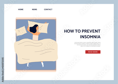 Insomnia prevention with woman suffers from lack of sleep, vector illustration.