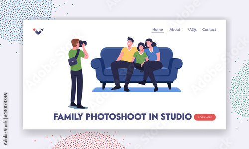 Family Photoshoot in Studio Landing Page Template. Photographer Shoot People Sitting on Couch. Happy Relative Characters