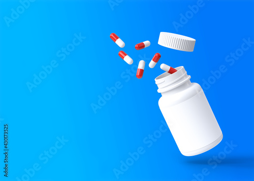 Red-white tablets explode from a flying bottle on blue background with copy space. Medicine concepts. Minimalistic abstract concept. 3d Rendering illustration