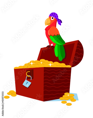 vector image of a pirate parrot on a chest with coins