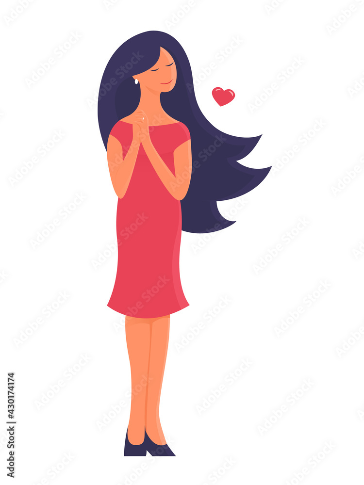 Illustration of a pretty young woman in love with a white background. Vector cartoon romantic illustration. Illustration of a pretty young woman in love with a white background. Vector cartoon romantic illustration.