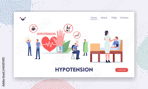 Hypotension, Health Medical Monitoring Landing Page Template. Tiny Characters at Huge Tonometer Measuring Blood Pressure