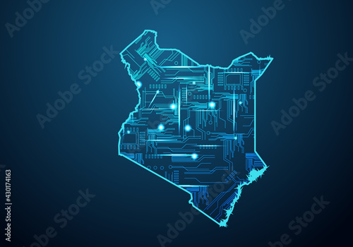 Abstract futuristic map of kenya. Circuit Board Design Electric of the region. Technology background. mash line and point scales on dark with map.