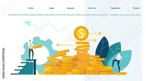 Business people grow investments. Flat design website or app page template. Financial services, banking, strategic planning, development, business solutions, consulting, data analyse