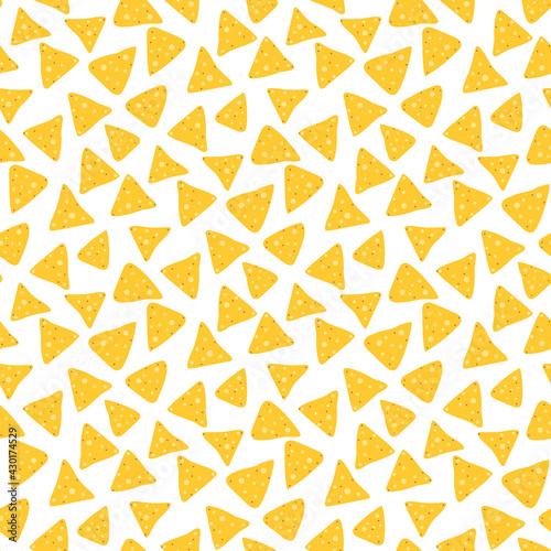 Nachos, tortilla fried corn chips seamless pattern, background. Mexican food vector design