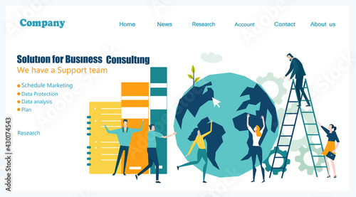 Business people working next to globe.  Flat design website or app page template. Financial services, banking, strategic planning, development, business solutions, consulting, data analyse