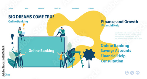 Lots of young people working online. Flat design website or app page template. Financial services, banking, strategic planning, development, business solutions, consulting, data analyse
