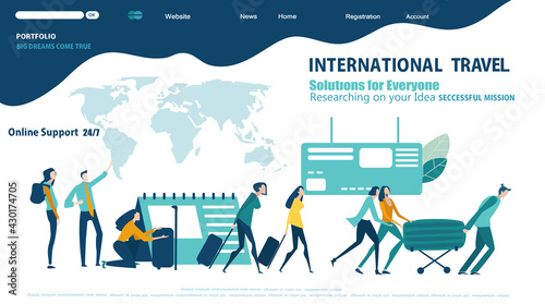 People with travel bags. Flat design website or app page template. Financial services, banking, strategic planning, development, business solutions, consulting, data analyse